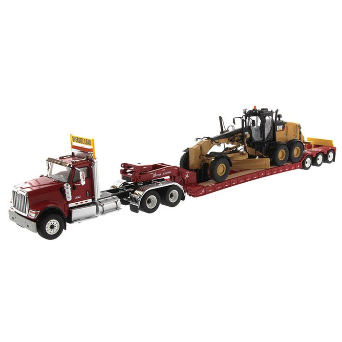 1/50 International HX520 Tandem Day Cab Tractor with XL 120 HDG Lowboy Trailer in Red and Cat 12M3