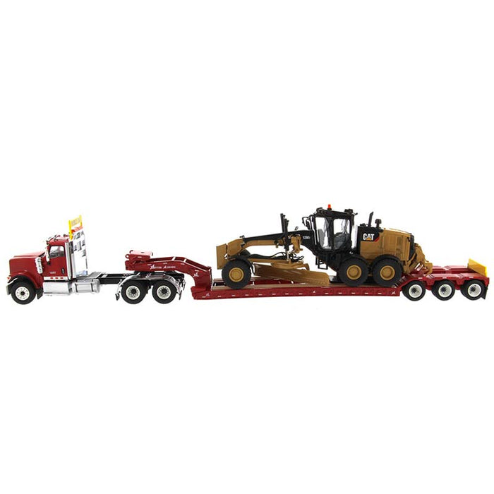 1/50 International HX520 Tandem Day Cab Tractor with XL 120 HDG Lowboy Trailer in Red and Cat 12M3