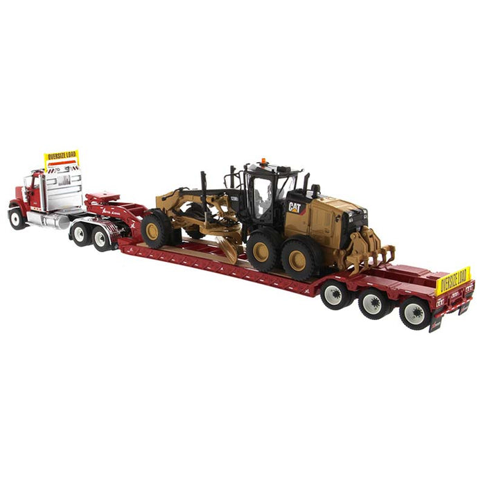 1/50 International HX520 Tandem Day Cab Tractor with XL 120 HDG Lowboy Trailer in Red and Cat 12M3