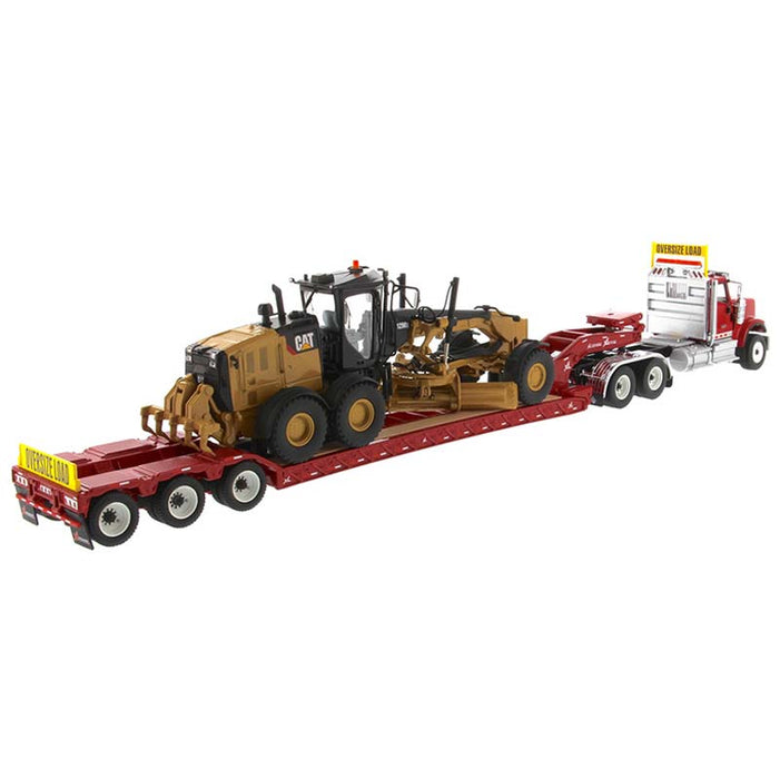 1/50 International HX520 Tandem Day Cab Tractor with XL 120 HDG Lowboy Trailer in Red and Cat 12M3