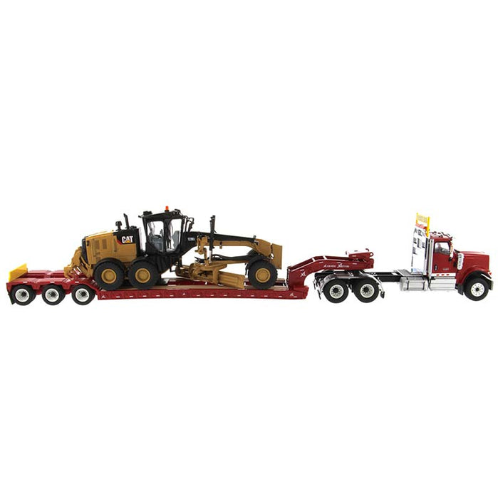 1/50 International HX520 Tandem Day Cab Tractor with XL 120 HDG Lowboy Trailer in Red and Cat 12M3