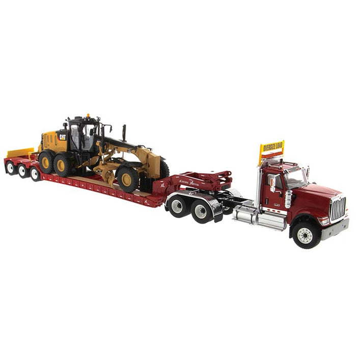 1/50 International HX520 Tandem Day Cab Tractor with XL 120 HDG Lowboy Trailer in Red and Cat 12M3