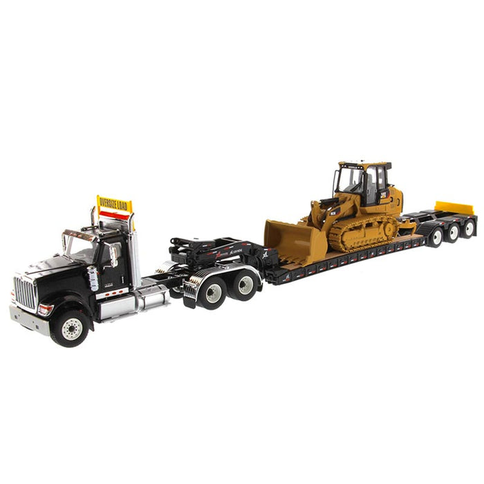 1/50 International HX520 Tandem Day Cab Tractor with XL 120 HDG Lowboy Trailer in Black & Cat 963K