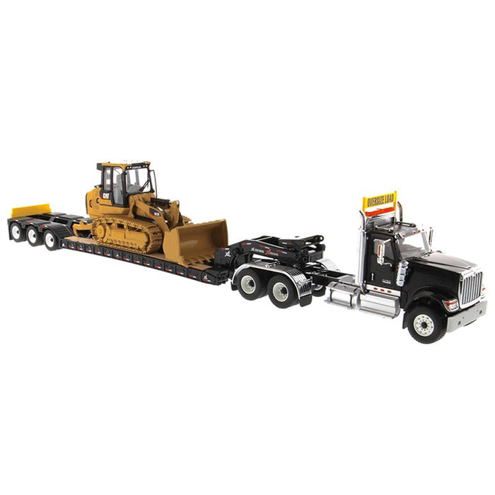 1/50 International HX520 Tandem Day Cab Tractor with XL 120 HDG Lowboy Trailer in Black & Cat 963K