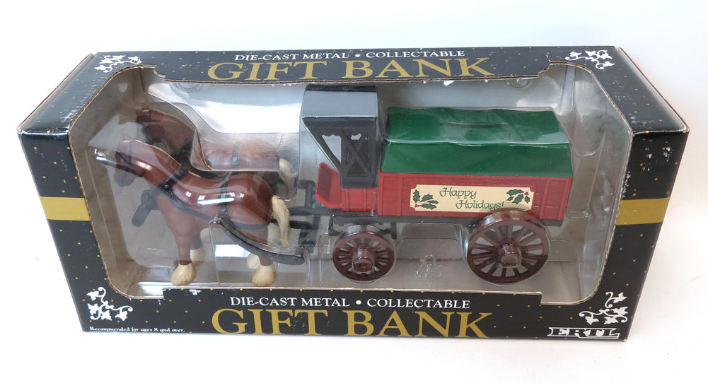 (B&D) ERTL Die-cast Horse Drawn Cart Gift Bank, Happy Holidays - Damaged Box