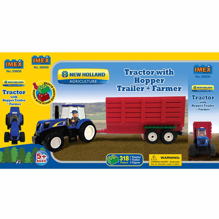 New Holland Tractor with Farmer & Grain Trailer, 318 Piece Block Set