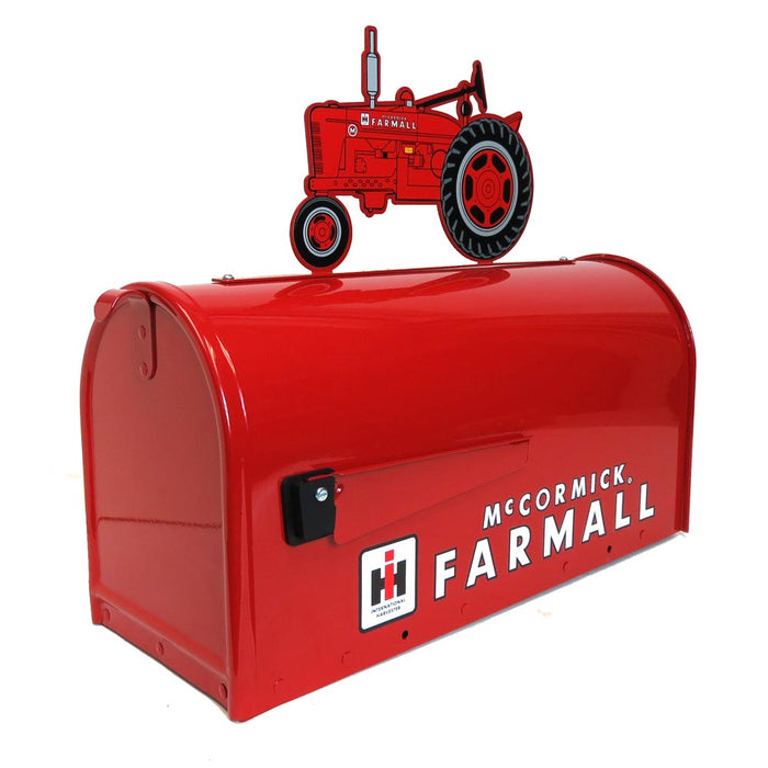IH McCormick Farmall Red Steel Mailbox with Farmall M Tractor Topper