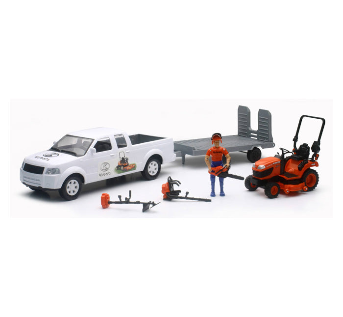 1/18 Kubota Lawn Care Toy Set with Pickup Truck & Trailer, Kubota Mower, Figure & Accessories by New Ray Toys