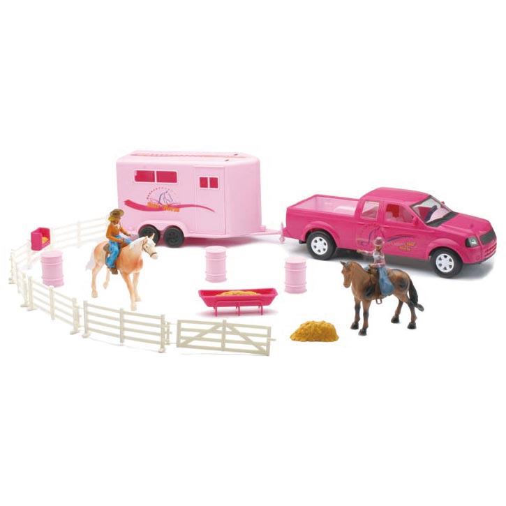 1/25 Pink Truck & Trailer with Horses, Riders & Accessories by New Ray Toys