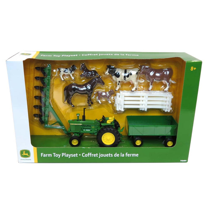 1/32 John Deere Farm Toy Playset with Tractor, Wagon, Plow, Animals & Fence