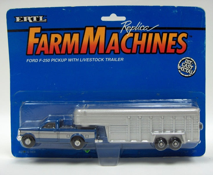 1/64 Blue & Silver Ford F-250 4x4 Pickup with Gooseneck Livestock Trailer by ERTL