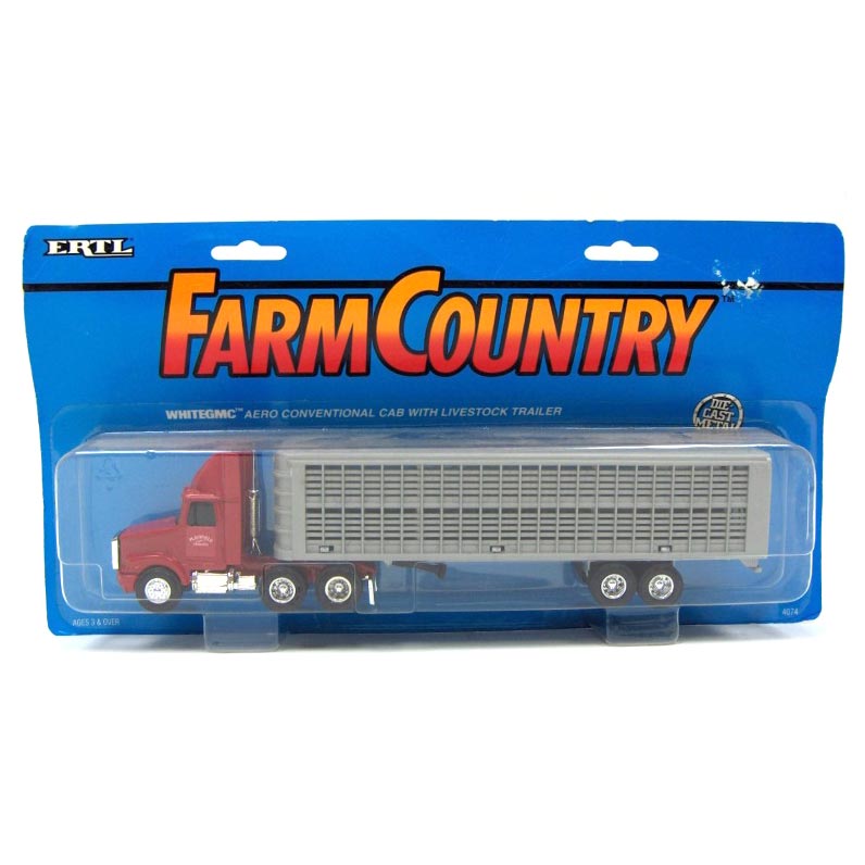 1/64 GMC-White Aero Conventional Cab with Livestock Trailer, Plainfield Trucking