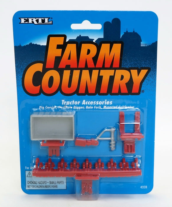 1/64 Dark Red ERTL Tractor Accessories with Bale Fork, Cultivator, Carrier & Digger