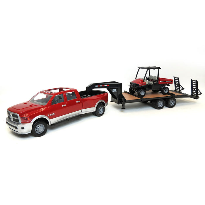 (B&D) 1/16 Big Farm Red & Silver RAM 3500 Dually with Gooseneck Trailer and Case IH Scout - Dusty