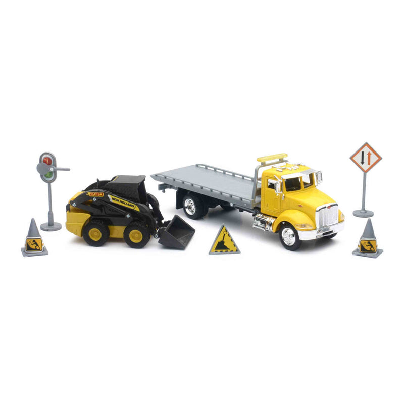 1/43 New Holland Construction Toy Set with Peterbilt Roll-off Truck & New Holland Skid Steer by New Ray Toys