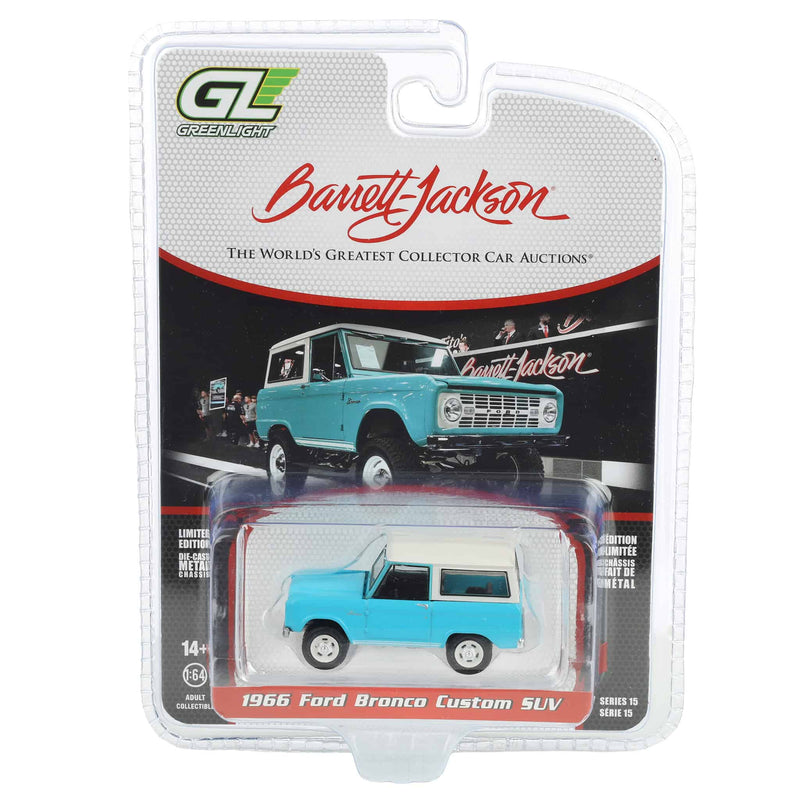 1/64 1966 Ford Bronco Custom SUV, Scottsdale 2024, Turquoise Blue, Barrett-Jackson Series 15