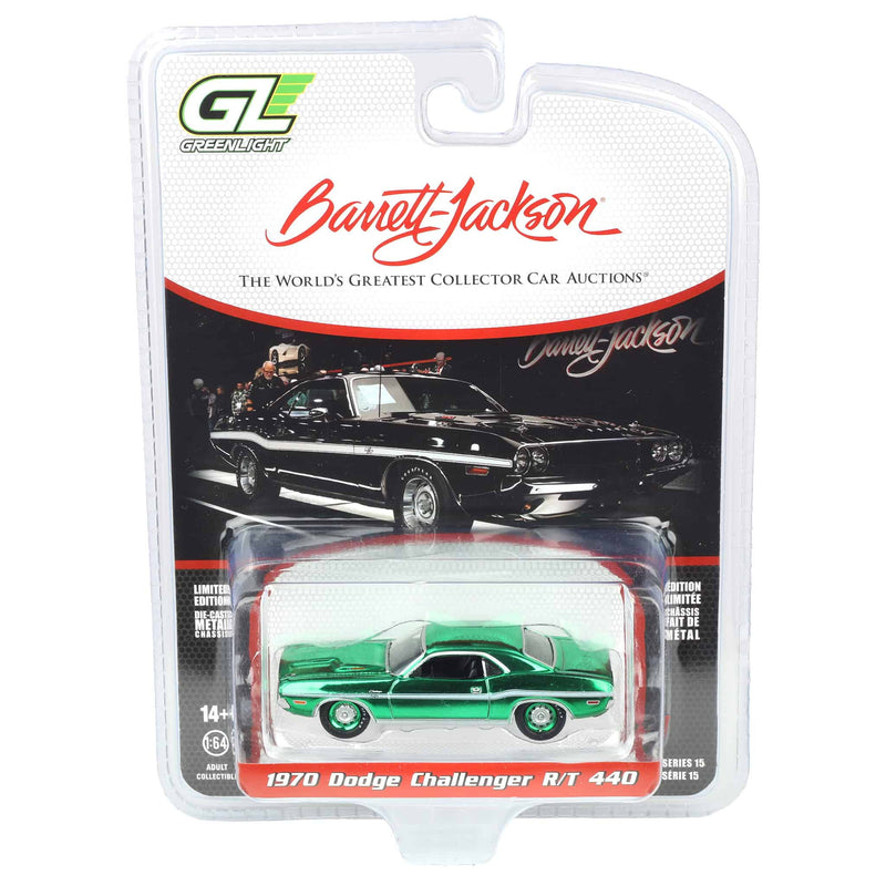 Green Chrome Chase Unit ~ 1/64 1970 Dodge Challenger R/T 440, Scottsdale 2024, Black, Barrett-Jackson Series 15
