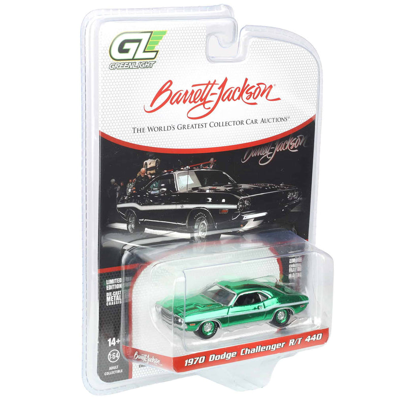 Green Chrome Chase Unit ~ 1/64 1970 Dodge Challenger R/T 440, Scottsdale 2024, Black, Barrett-Jackson Series 15