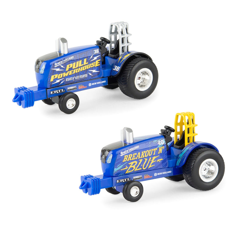 Set of 2 ~ 1/64 New Holland Pulling Tractor Toys, "Breakout N' Blue" & "Pull Powerhouse"