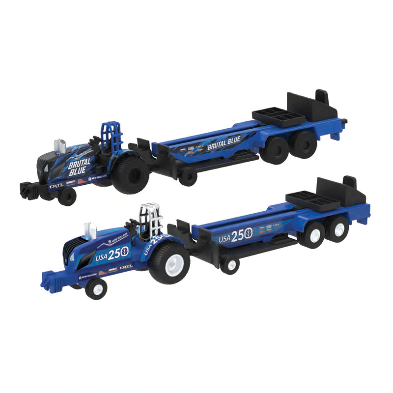 Set of 2 ~ 1/64 New Holland "Brutal Blue" and "USA 250" Pulling Tractors with Sleds by ERTL