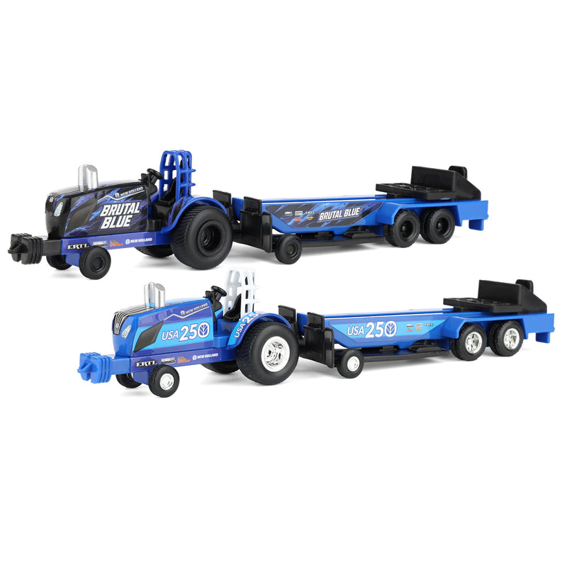 Set of 2 ~ 1/64 New Holland "Brutal Blue" and "USA 250" Pulling Tractors with Sleds by ERTL