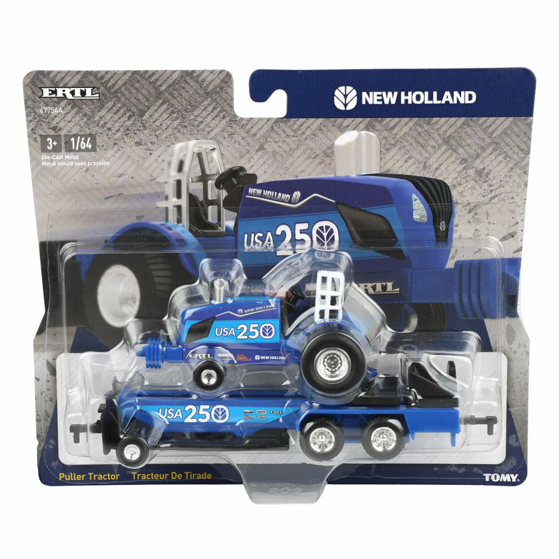 Set of 2 ~ 1/64 New Holland "Brutal Blue" and "USA 250" Pulling Tractors with Sleds by ERTL