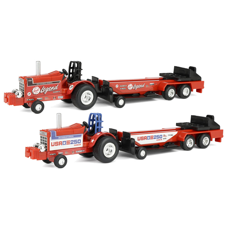 Set of 2 ~ 1/64 International Harvester "Red Legend" & "USA 250" Pulling Tractors with Sleds by ERTL