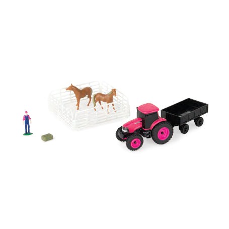 1/64 Case IH 10-Piece Farm Toy Set by ERTL: Pink Tractor, Barge Wagon, Horses, Fence, Farmer, & Bale