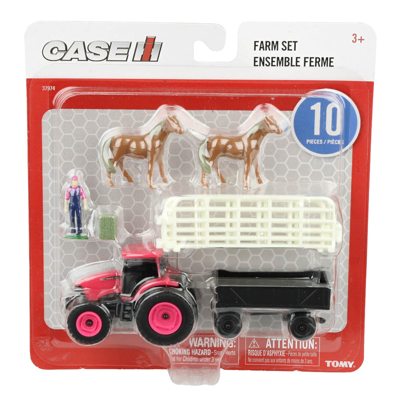 1/64 Case IH 10-Piece Farm Toy Set by ERTL: Pink Tractor, Barge Wagon, Horses, Fence, Farmer, & Bale