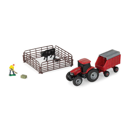 1/64 Case IH 10-Piece Farm Toy Set by ERTL: Red Tractor, Forage Wagon, Cattle, Fence, Farmer, & Bale