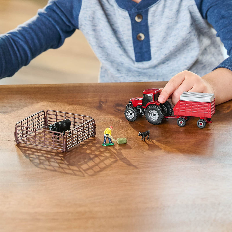 1/64 Case IH 10-Piece Farm Toy Set by ERTL: Red Tractor, Forage Wagon, Cattle, Fence, Farmer, & Bale