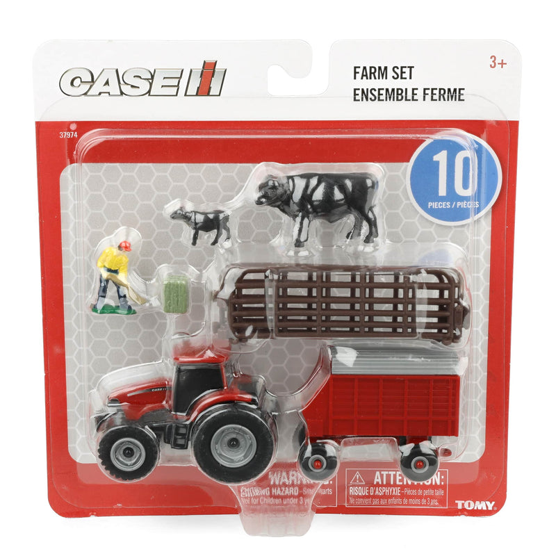 1/64 Case IH 10-Piece Farm Toy Set by ERTL: Red Tractor, Forage Wagon, Cattle, Fence, Farmer, & Bale