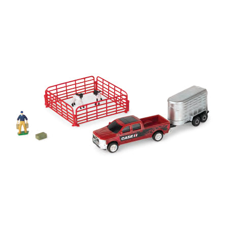 1/64 Case IH 10-Piece Farm Toy Set by ERTL: Red Pickup Truck, Cattle Trailer, Sheep, Fence, Farmer, & Bale
