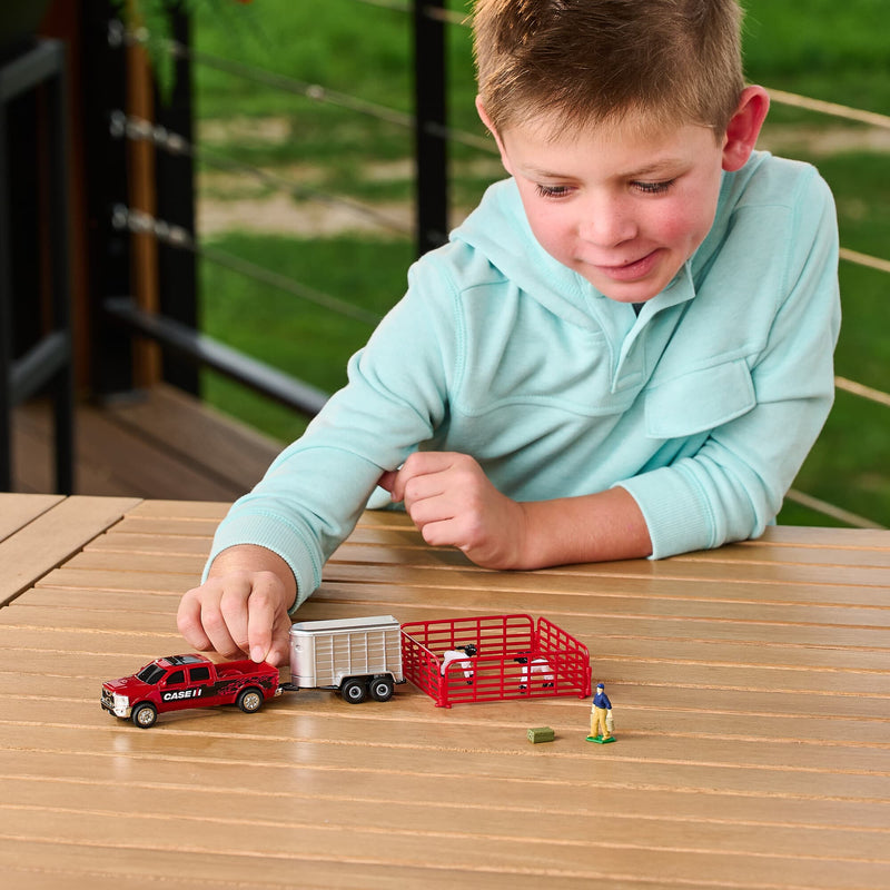 1/64 Case IH 10-Piece Farm Toy Set by ERTL: Red Pickup Truck, Cattle Trailer, Sheep, Fence, Farmer, & Bale