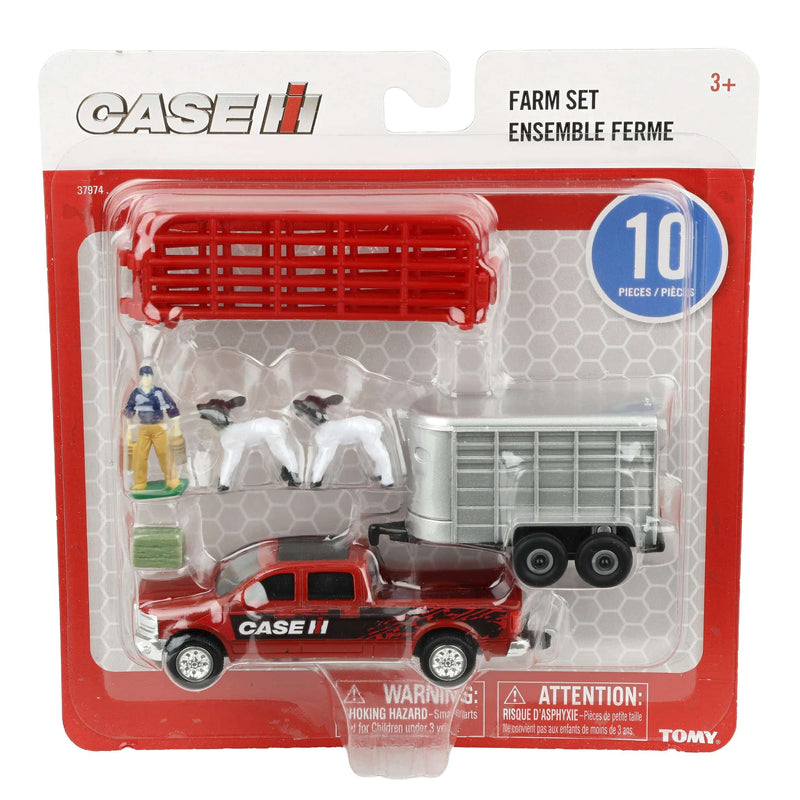 1/64 Case IH 10-Piece Farm Toy Set by ERTL: Red Pickup Truck, Cattle Trailer, Sheep, Fence, Farmer, & Bale