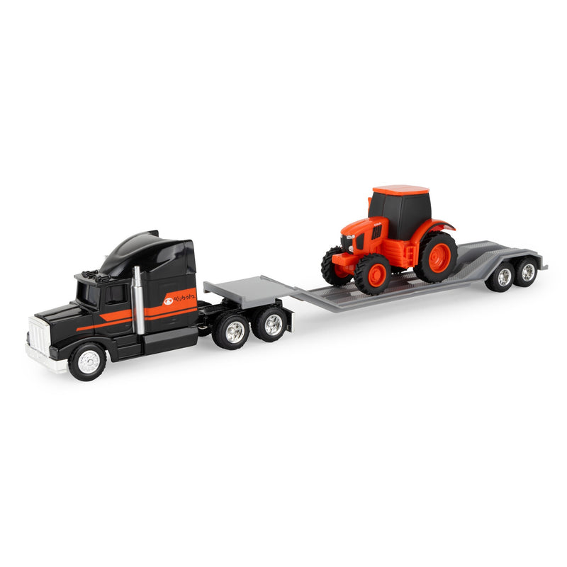 1/64 Black Kubota Semi Truck with Flatbed Trailer & Kubota Tractor by ERTL