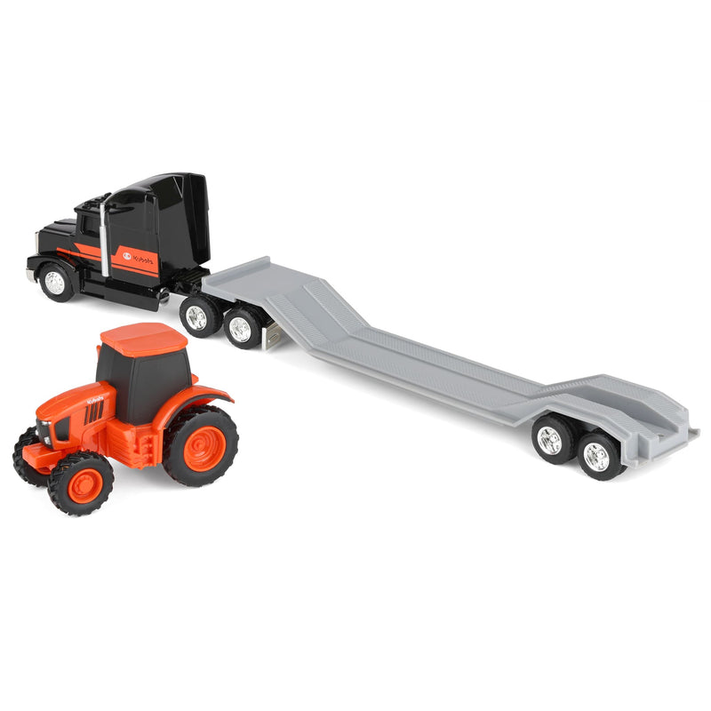 1/64 Black Kubota Semi Truck with Flatbed Trailer & Kubota Tractor by ERTL