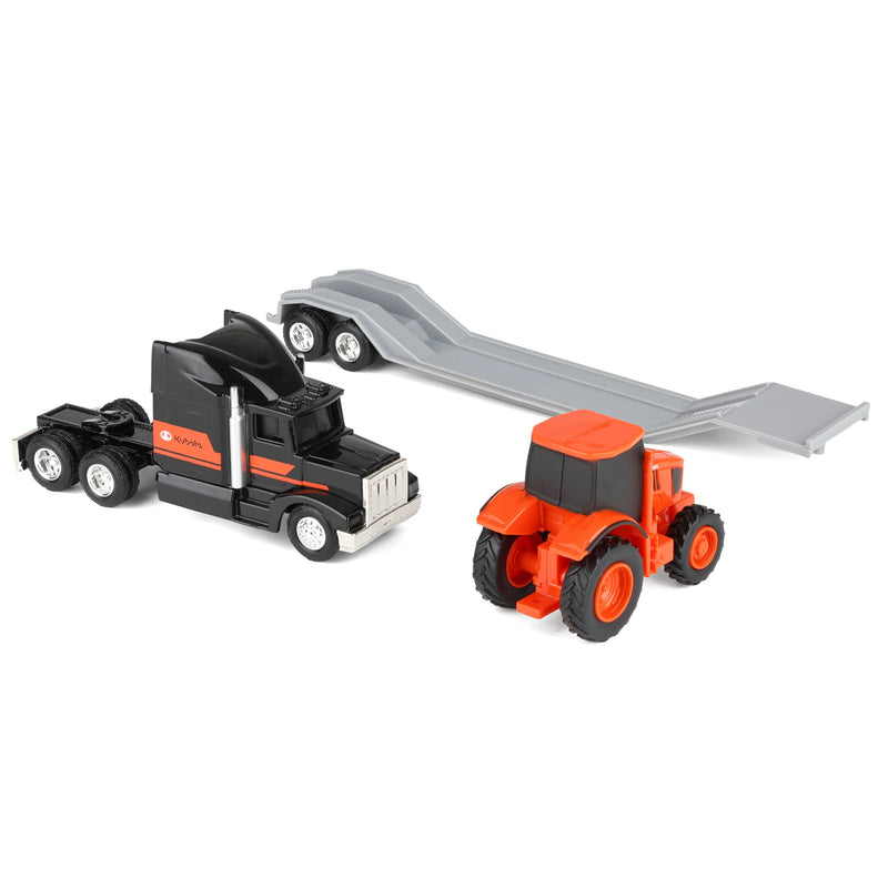 1/64 Black Kubota Semi Truck with Flatbed Trailer & Kubota Tractor by ERTL