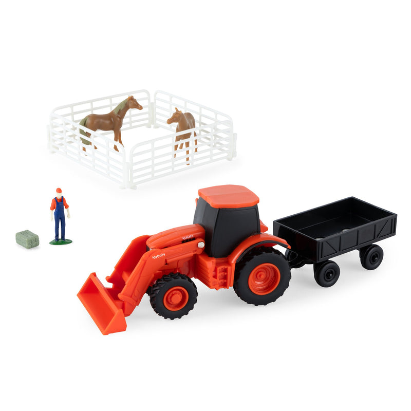 1/64 Kubota 10-Piece Farm Toy Set by ERTL: Tractor, Trailer, Horses, Fence, Farmer, & Bale