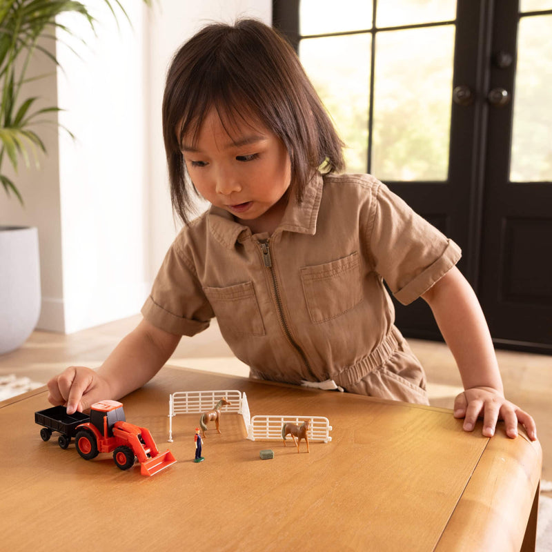 1/64 Kubota 10-Piece Farm Toy Set by ERTL: Tractor with Loader, Trailer, Horses, Fence, Farmer, & Bale