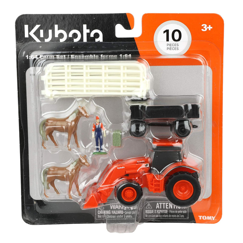 1/64 Kubota 10-Piece Farm Toy Set by ERTL: Tractor with Loader, Trailer, Horses, Fence, Farmer, & Bale