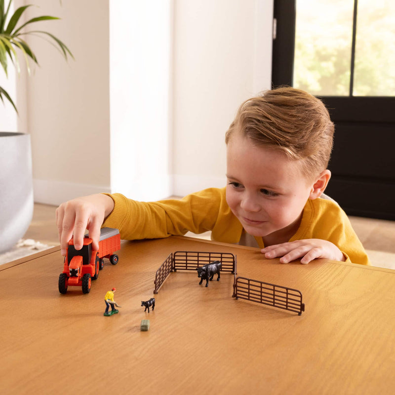 1/64 Kubota 10-Piece Farm Toy Set by ERTL: Tractor, Wagon, Cattle, Fence, Farmer, & Bale