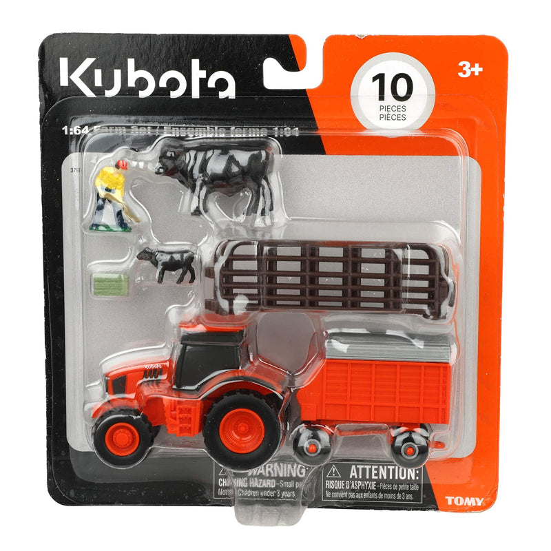 1/64 Kubota 10-Piece Farm Toy Set by ERTL: Tractor, Wagon, Cattle, Fence, Farmer, & Bale