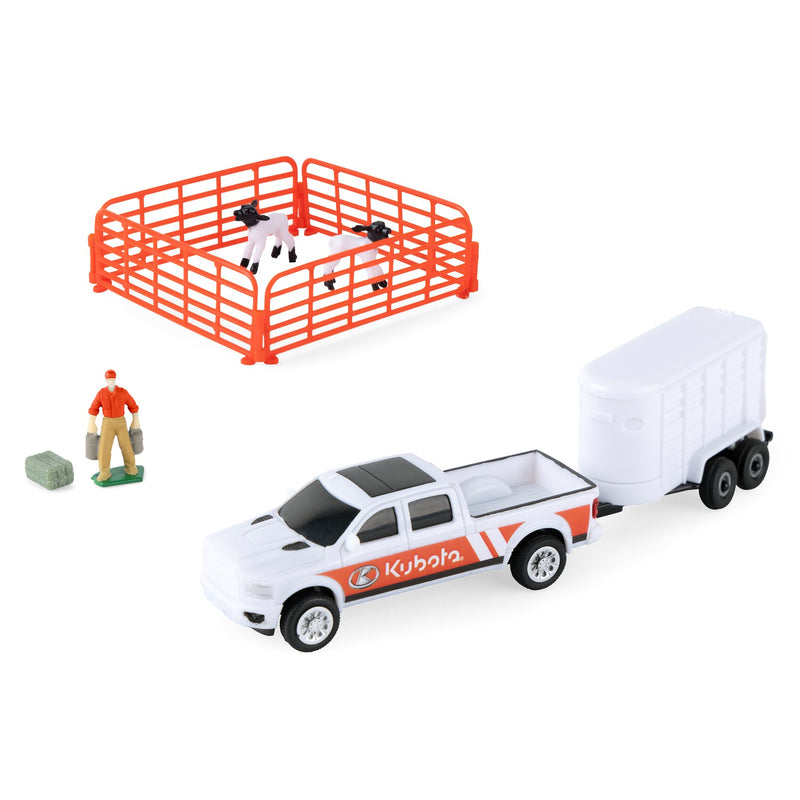 1/64 Kubota 10-Piece Farm Toy Set by ERTL: Pickup Truck, Trailer, Sheep, Fence, Farmer, & Bale