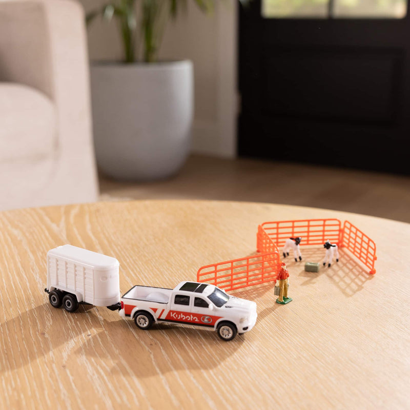 1/64 Kubota 10-Piece Farm Toy Set by ERTL: Pickup Truck, Trailer, Sheep, Fence, Farmer, & Bale