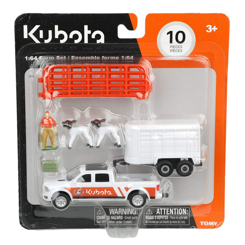 1/64 Kubota 10-Piece Farm Toy Set by ERTL: Pickup Truck, Trailer, Sheep, Fence, Farmer, & Bale