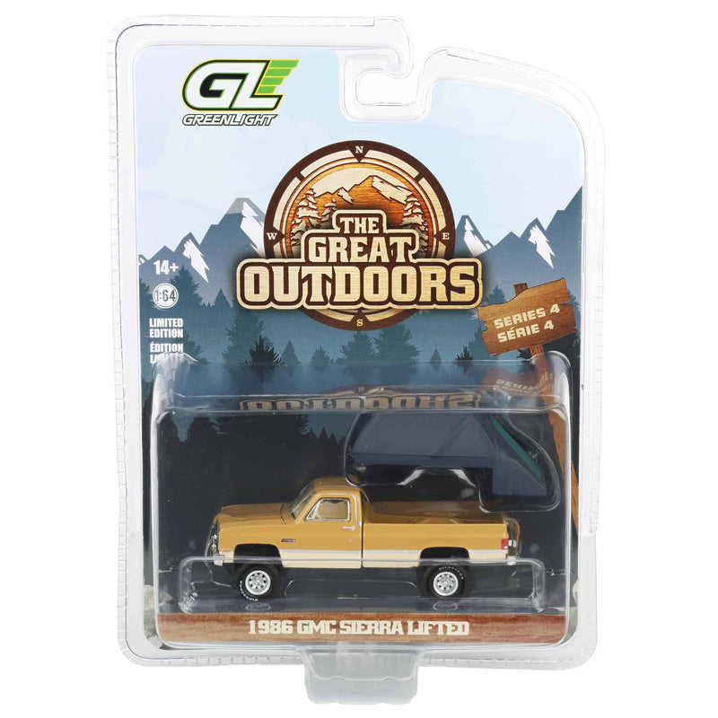 1/64 1986 GMC Sierra Lifted, Desert Sand & Doeskin Tan with Modern Truck Bed Tent, The Great Outdoors Series 4