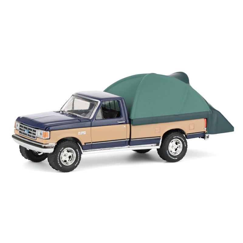 1/64 1987 Ford F-150 XLT Lariat, Dark Blue & Tan with Modern Truck Bed Tent, The Great Outdoors Series 4