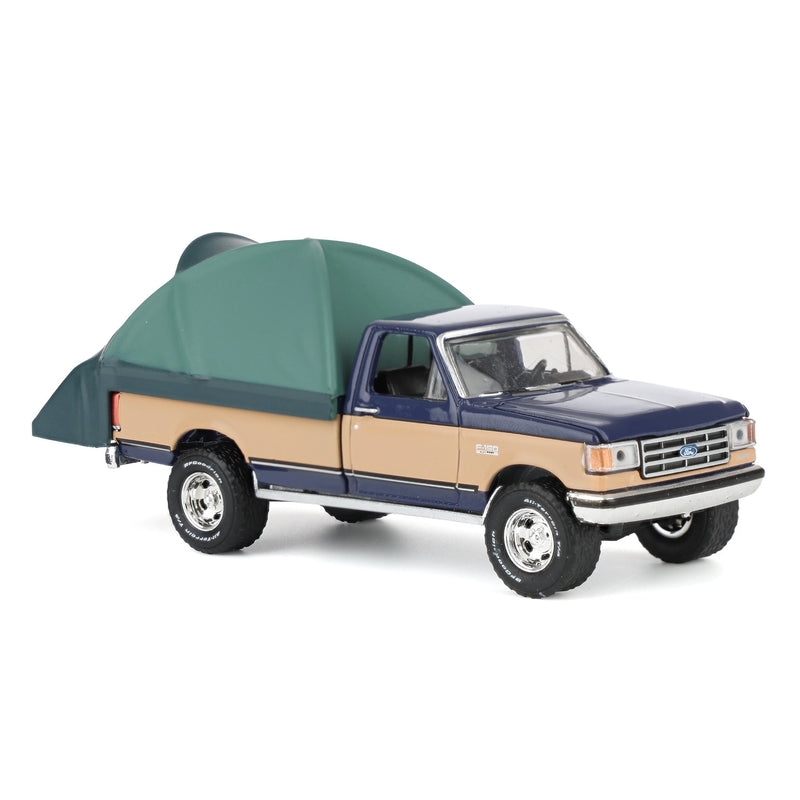 1/64 1987 Ford F-150 XLT Lariat, Dark Blue & Tan with Modern Truck Bed Tent, The Great Outdoors Series 4
