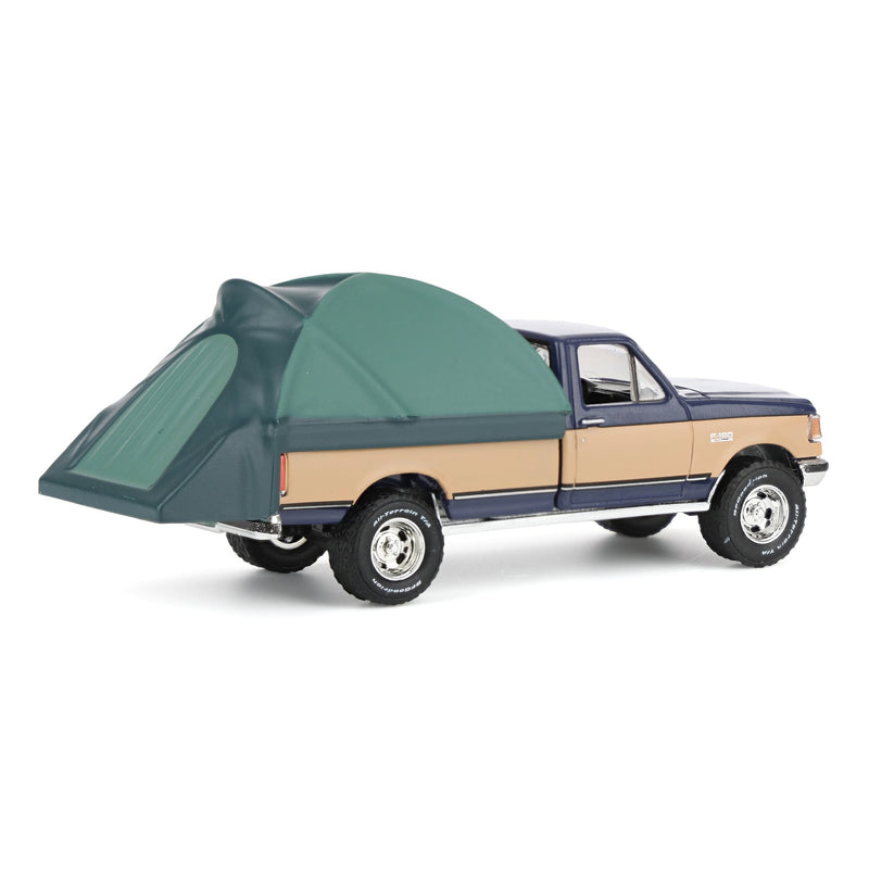 1/64 1987 Ford F-150 XLT Lariat, Dark Blue & Tan with Modern Truck Bed Tent, The Great Outdoors Series 4
